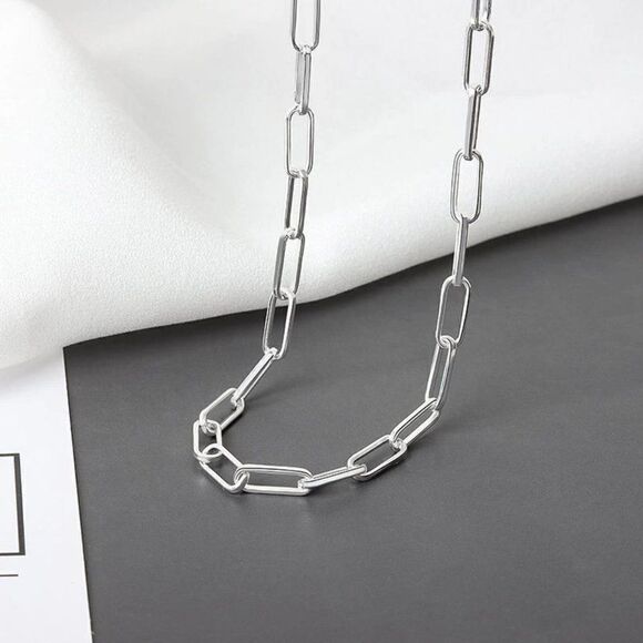 Silver Paperclip Chain Link Choker Necklace 925 Stamped - Picture 4 of 7